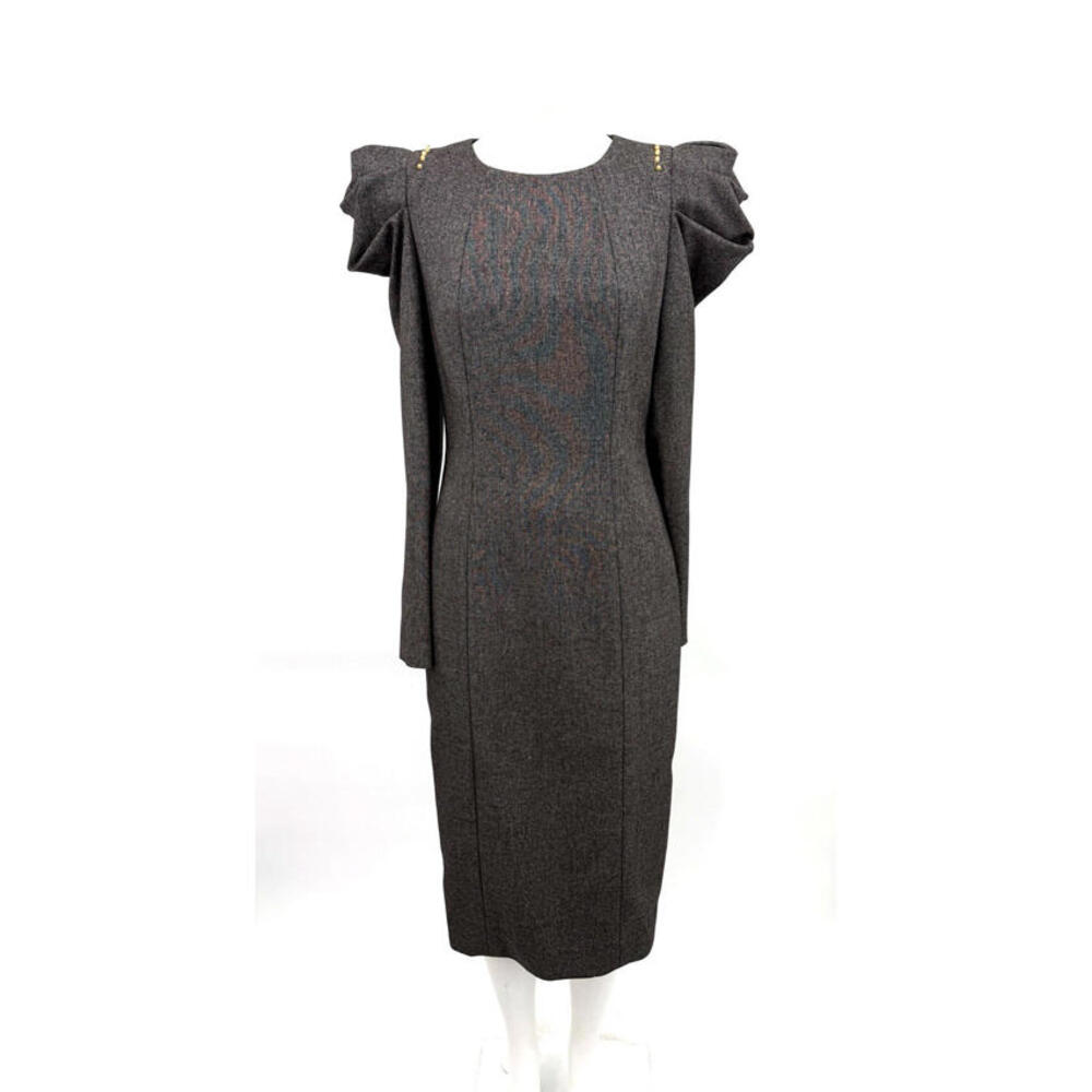 RARE THOMAS WYLDE Rock Edgy Puff Shoulder Gold Studded Midi Dress $1900